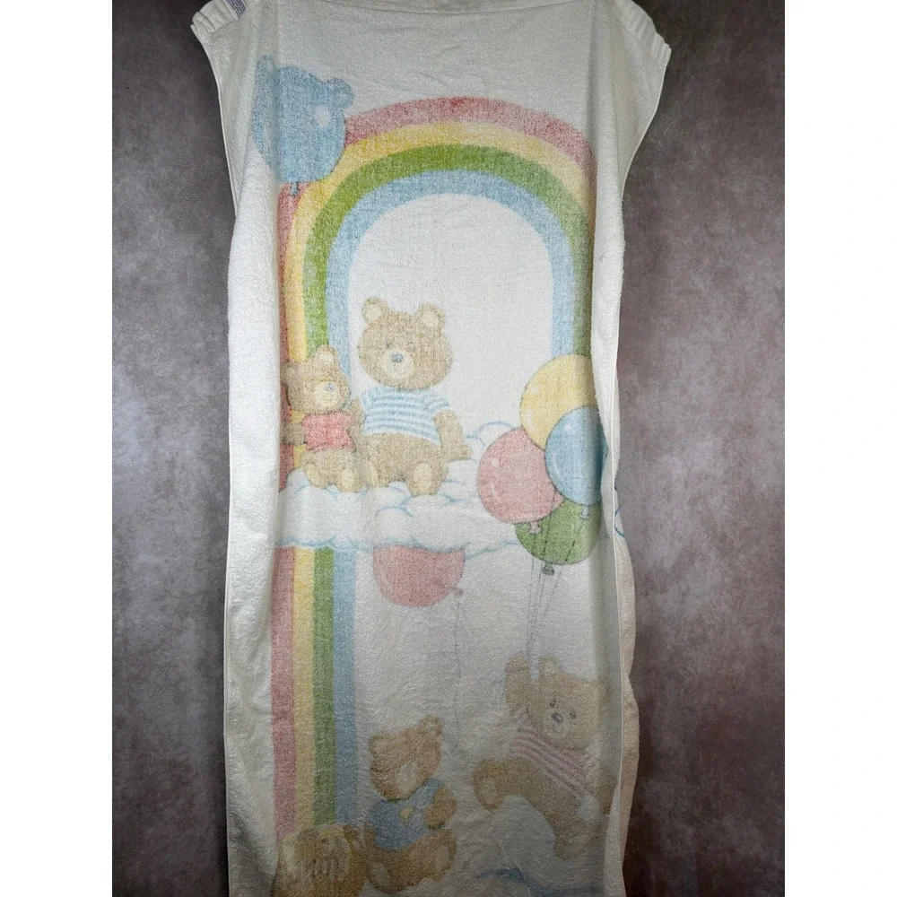 Vtg 80s Goals Beach/Bath Towel Toddletime Kids White Rainbow Teddy Bear Balloons